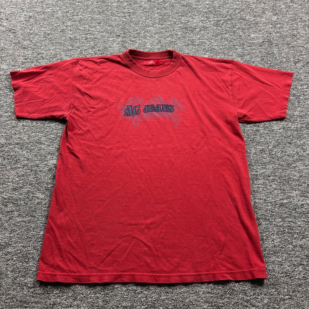 Y2K 2000s Arturo Calle AC Jeans Embroidered Graphic Red T-Shirt Size Large